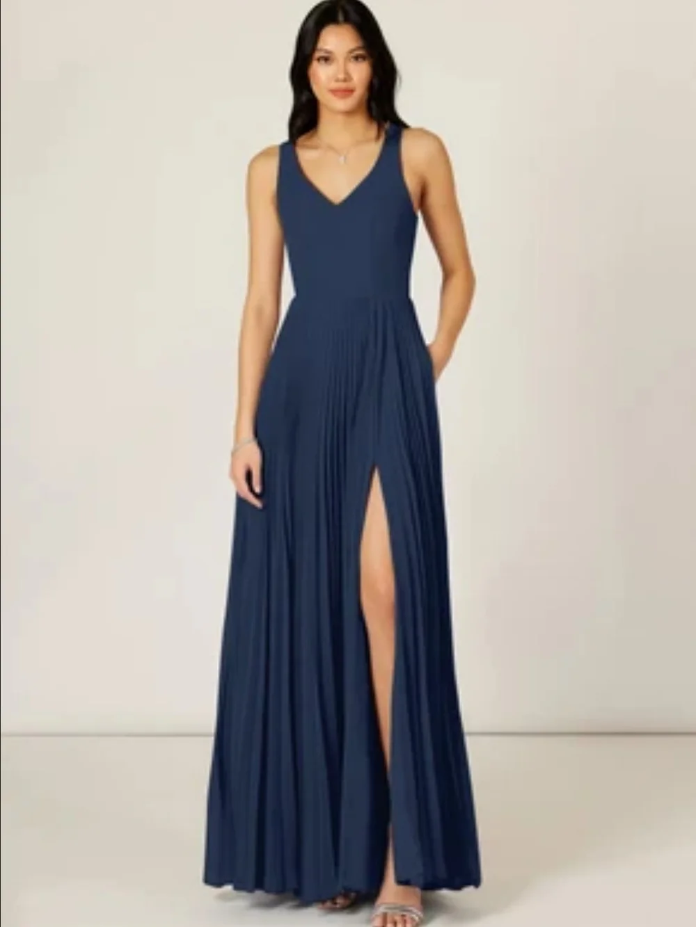 V-Neck Navy Pleated Maxi Dress with Side Slit